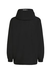 Zwarte windbreaker jas met capuchon, elastische manchetten en onderrand. Beschikt over een logo op de achterkant, een gladde textuur en een lichtgewicht materiaal.