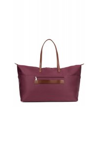 Grande borsa di stoffa color bordeaux con manici in pelle marrone. Presenta una tasca anteriore con cerniera e un'accensione orizzontale in pelle sulla tasca.