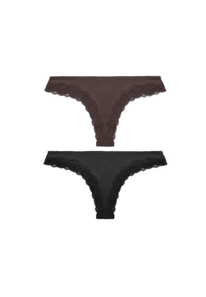 Due perizoma da donna con rifiniture in pizzo, in marrone e nero, mostrati distesi su uno sfondo bianco.