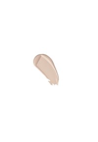 Beige kremfundamentprøve, jevn tekstur, avlang form, med en svak glans på hvit bakgrunn.