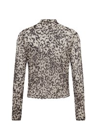 Durchsichtige Bluse mit langen Ärmeln in cremefarbenem und schwarzem abstrakten Muster, mit hohem Kragen, strukturiertem Stoff und kürzerem Saum.