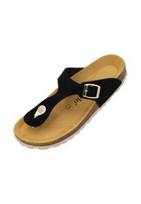 Sandale thong en suède noir avec une boucle décorative. Présente une semelle intérieure contournée marron clair et une semelle extérieure en caoutchouc texturé pour une meilleure adhérence.