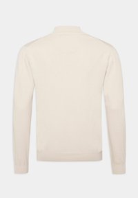 Pull beige clair avec un col montant, des poignets et un ourlet côtelés. Il présente une texture lisse et une coupe ajustée, affichant un style minimaliste.