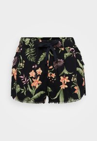 Shorts noirs à motifs floraux tropicaux, avec des fleurs orange et roses, un ourlet effiloché et un cordon de serrage bleu marine réglable.