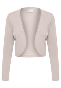Beige gekürzte Strickjacke mit langen Ärmeln, offenem Vorderteil und glatter Strickstruktur. Mit abgerundeten Kanten und einem gerippten Bündchen-Design.