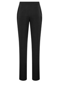 Zwarte recht-pasvormige broek gemaakt van een soepel materiaal. Bevat een platte tailleband en subtiele voorkreukels voor extra detail.