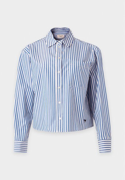 Μπλε και λευκό κατακόρυφα ριγέ μακρυμάνικο πουκάμισο με κουμπιά, γιακά και τσέπη στο στήθος πάνω σε απλό φόντο.