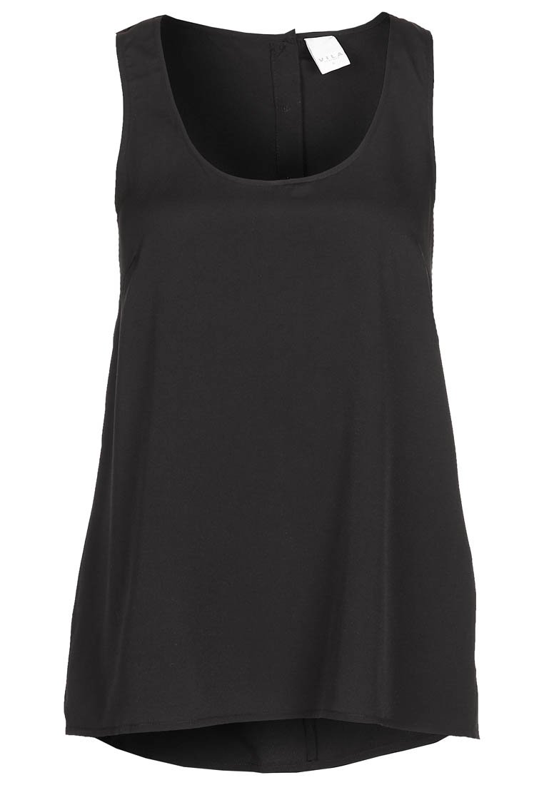 Černý bezrukávový top s kulatým výstřihem, hladkou texturou a mírně zakřiveným lemem; obsahuje skrytý uzávěr na zadní straně a textilní štítek.