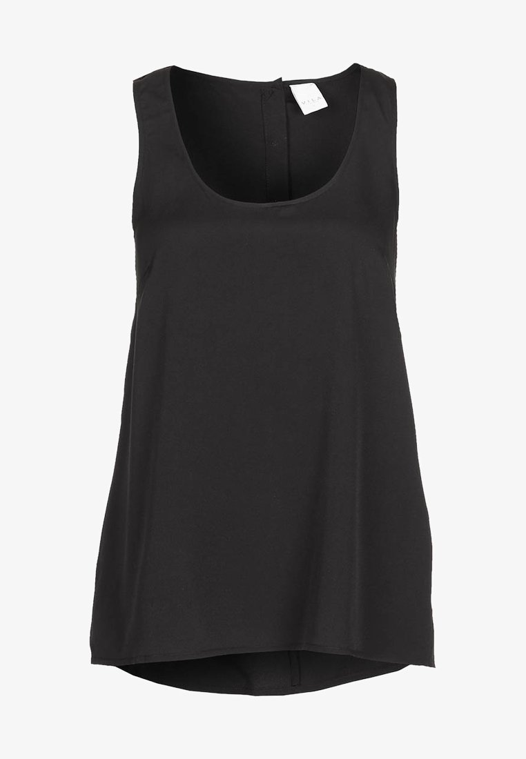 Top noir sans manches avec un col rond, texture lisse et ourlet légèrement courbé ; présente une fermeture discrète au dos et une étiquette en tissu.