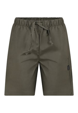 Pantaloni corti verde oliva realizzati in tessuto leggero, con vita elastica e cordoncino, e un piccolo etichetta del marchio sul lato.