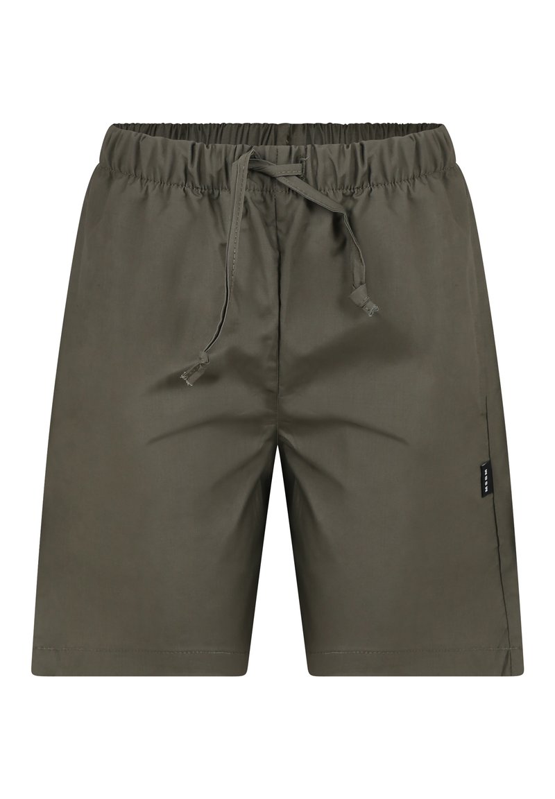 Pantaloni corti verde oliva realizzati in tessuto leggero, con vita elastica e cordoncino, e un piccolo etichetta del marchio sul lato.