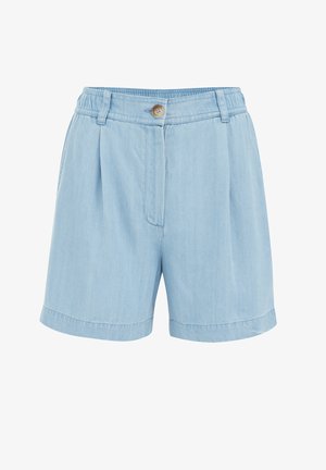 Vaaleansiniset farkkushortsit, joissa on pleatattu etuosa, joustava vyötärö ja etunappi. Ominaisuuksina käännetyt helmat ja sileä kangas.