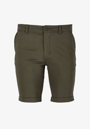 Olivgrüne Baumwollshorts mit flachem Bund, Knopfverschluss und umgeschlagenen Säumen. Verfügt über zwei Seiten Taschen und eine glatte, matte Textur.