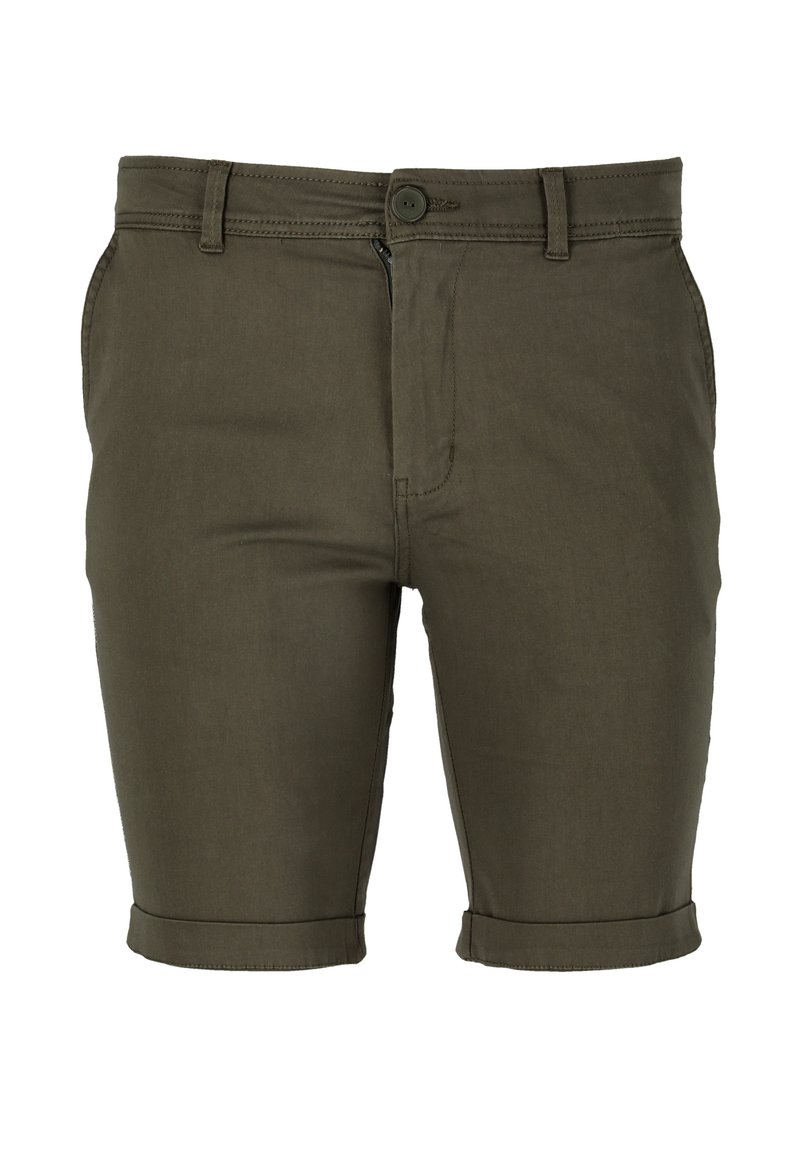 Olivgrön bomullsshorts med flat front, knäppning och uppvikta ben. Har två sidofickor och en slät, matt yta.