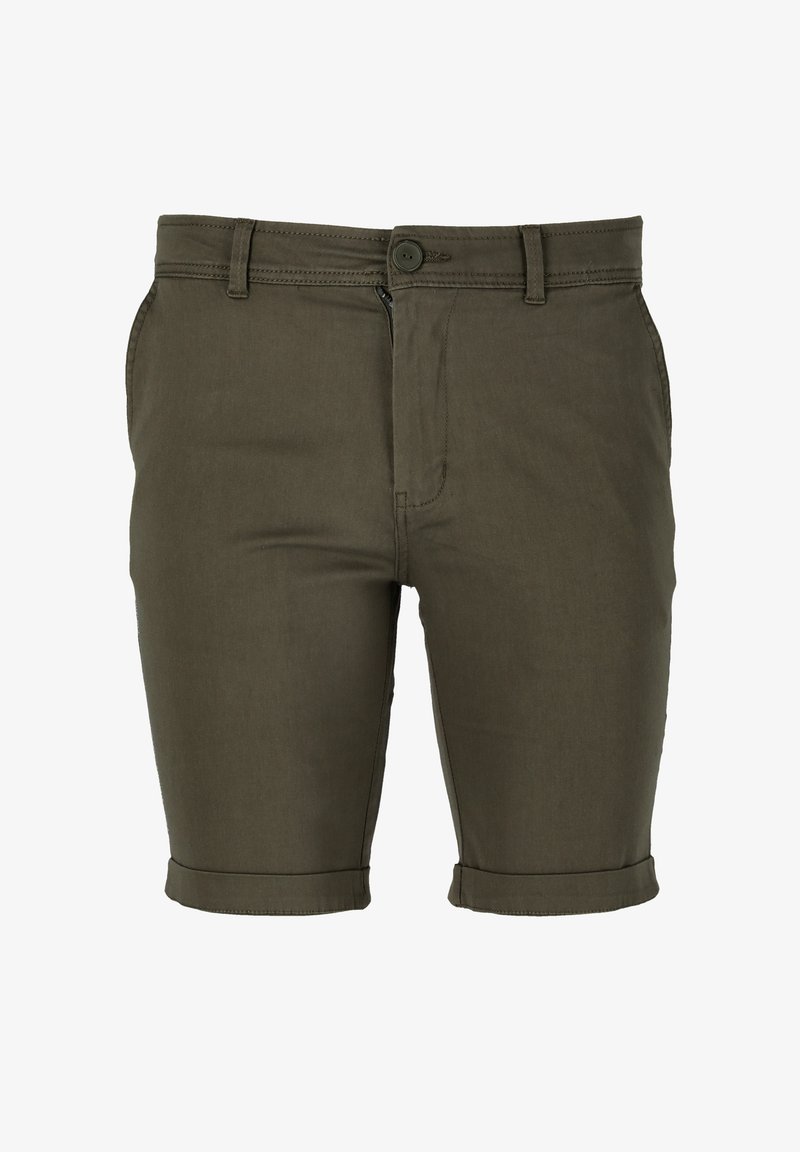 Olivgrön bomullsshorts med flat front, knäppning och uppvikta ben. Har två sidofickor och en slät, matt yta.