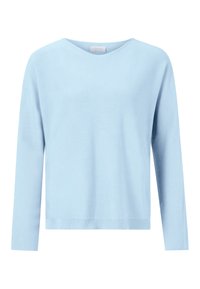 Hellblauer Pullover, V-Ausschnitt-Design, lange Ärmel, weiches Textilgewebe, minimale Details, gerader Saum, lockere Passform.