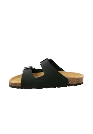 Infradito nere con due cinturini regolabili, plantare in sughero, suola texturizzata e parte superiore in similpelle liscia. Progettate per comfort e facilità.