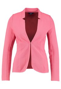 Różowa damska marynarka z długimi rękawami, dopasowany krój, otwarty przód i subtelna tekstura w prążki.