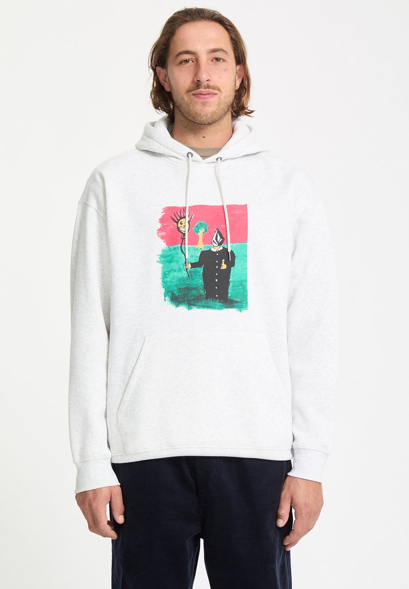 Haut à capuche en coton gris avec une poche avant, présentant une illustration graphique colorée d'un personnage et d'un soleil sur un fond rouge et vert.