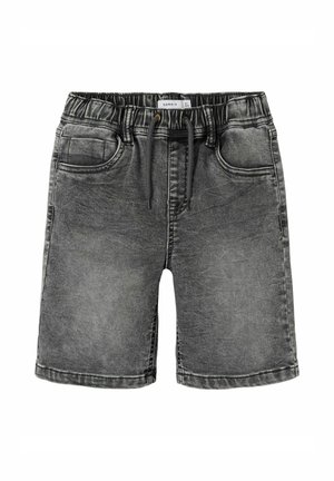 Grå, falmede denimshorts med elastisk talje og snor, med forlommer og bæltestropper.
