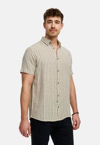 Short-sleeve, button-up shirt in beige and brown vertical stripes, made of lightweight fabric with a collar and wooden buttons.