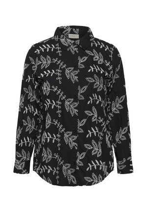 Melna garām piedurknēm ar pogām aizdares krekls ar baltu izšūtu lapu un vīnogulāju rakstu, kam ir smaili apkakle un pogām aizpogāti aproces.