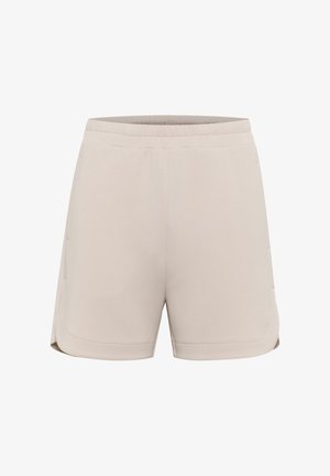 Světlé béžové sportovní šortky s elastickým pasem, bočními kapsami a volným střihem. Hladká tkanina s jemnou strukturou a bez vzorů.
