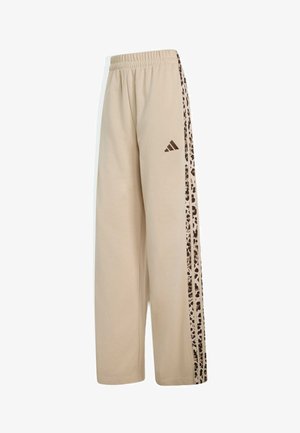 Beige vidde sweatpants med elastisk talje, leopardprint sidestreger og lille mørkebrun trekantet logo på venstre lår.
