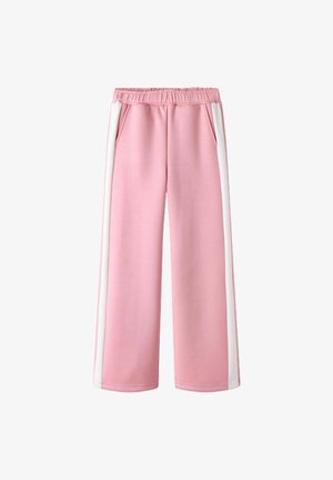 Roza trenirke s širšim krojem, elastičnim pasom in belimi stranskimi črtami. Imajo dva žepa in mehko, gladko teksturo.