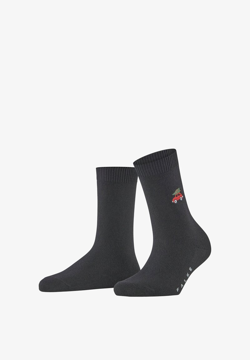 Donkergrijze katoenen sokken met geribbelde boorden, voorzien van een kleine rode auto graphic aan de zijkant en de merknaam "FALKE" nabij de teen.