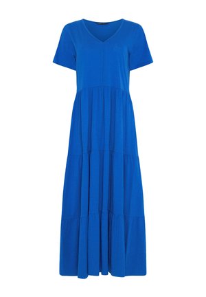 Vestito lungo a strati blu con maniche corte e scollatura a V, caratterizzato da cuciture arricciate per una silhouette fluida.