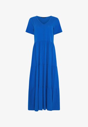 Blå lagdelt maxikjole med korte ærmer og V-udskæring, med rynkede sømme for en flydende silhuet.