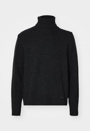 Črni pulover s turtleneck ovratnikom iz mehkega materiala, z rebrastimi robovi na vratu, manšetah in dnu, gladke teksture brez vidnih vzorcev.