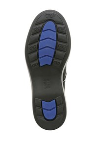 Suola nera della scarpa con una superficie testurizzata; presenta una costruzione in gomma, battistrada segmentato per una migliore aderenza e accenti in gomma blu.