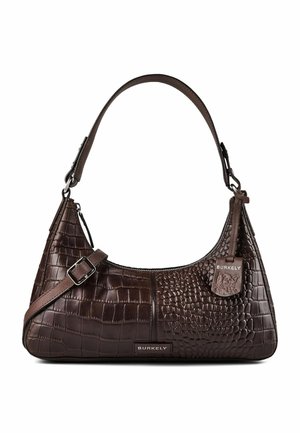 Dunkelbraune Lederschultertasche mit geprägter Krokodil-Textur, kurzem Träger, abnehmbarem Schnallenriemen und Burkely-Logoanhänger.
