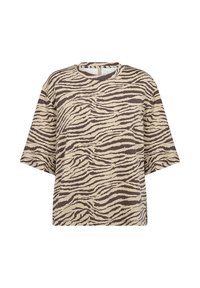 Kurzärmeliges T-Shirt in Braun und Creme mit Zebramuster, Rundhals und lässigem Schnitt. Aus leichtem Stoff gefertigt.