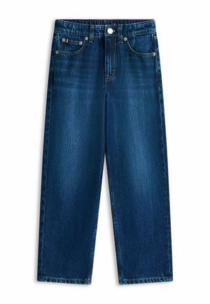 Mørkeblå straight-leg denimjeans med forreste knap, bæltestropper og fem-lomme design, lagt fladt på hvid baggrund.