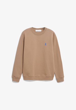 Bruine sweatshirt van een katoenmix, met een ronde halslijn en lange mouwen. Klein blauw lintlogo op de linkerkant van de borst.
