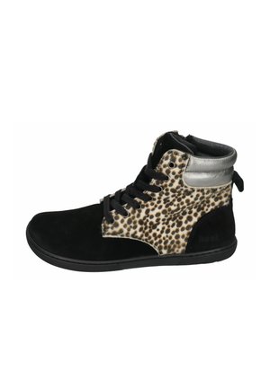 Black suede high-top sneaker with leopard print side panel, silver accents, and black laces. Rubber sole and padded collar for comfort.