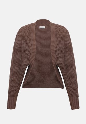 Cardigan marron avec un motif en maille texturée, devant ouvert et manches larges. Poignets et ourlet côtelés pour plus de tenue. Tissu léger et respirant.