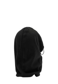 Mustapuku fleece-balaaklava, jossa on pyöristetty yläosa ja säädettävä nyöri. Ominaisuuksiin kuuluu pehmeä tekstuuri ja saumaton ommel mukavuutta varten.