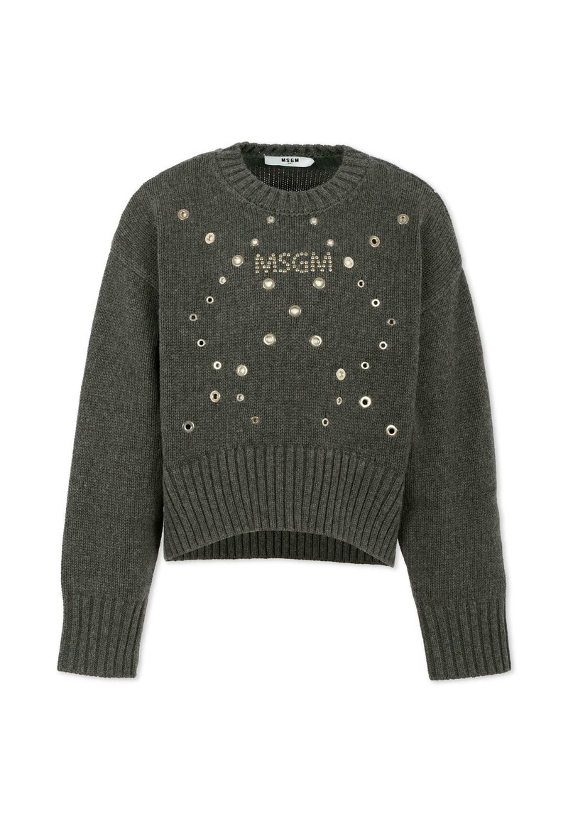 Sweter w kolorze leśnej zieleni, dziany, z prążkowanym wykończeniem. Posiada dekoracyjne metalowe nity i cekiny oraz logo "MSG" na środku.