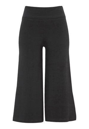 Sort vide ben bukser har et glat, strækbart stof med en høj, komfortabel talje og ingen synlige lommer eller lukninger.