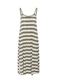 Abito senza spalline in verde oliva e strisce bianche, dalla vestibilità ampia, con scollatura elasticizzata e spacchi laterali per una maggiore libertà di movimento.