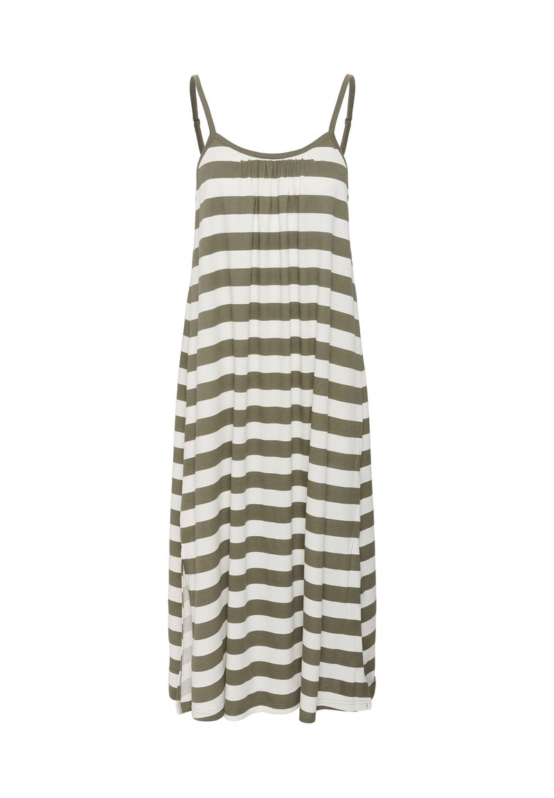 Abito senza spalline in verde oliva e strisce bianche, dalla vestibilità ampia, con scollatura elasticizzata e spacchi laterali per una maggiore libertà di movimento.