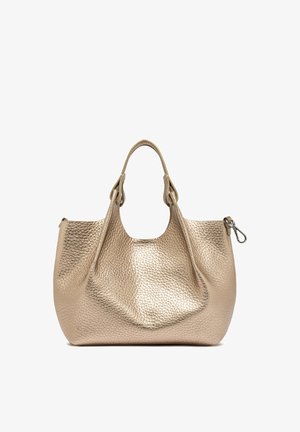Metallic gold handbag with a pebbled texture, rounded shape, two short handles, and a zip closure detail on the side.