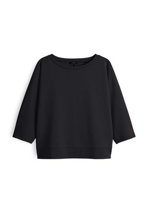 Sweatshirt noir avec un large col rond, des manches trois-quarts et une coupe décontractée. Texture lisse et détail de ourlet côtelé.