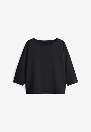 Felpa nera con colletto a girocollo ampio, maniche a tre quarti e vestibilità rilassata. Texture liscia e dettaglio a coste sull'orlo.