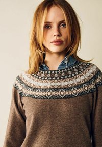 Neulottu villapaita, jossa on ruskea pohja ja kuvioitu yläosa valkoisena, ruskeana ja tummanvihreänä. Teksturoitu kangas ja pitkät hihat.