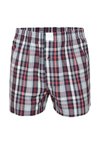 Kostkované boxerky v námořnické modři, červené a šedé barvě. Vyrobené z lehké tkaniny s elastickým pasem a zapínáním na knoflíky vpředu.